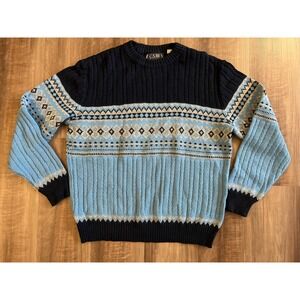 CSM Sweater Mens Medium Blue Fair Isle Nordic Crewneck Ribbed Knit Pullover